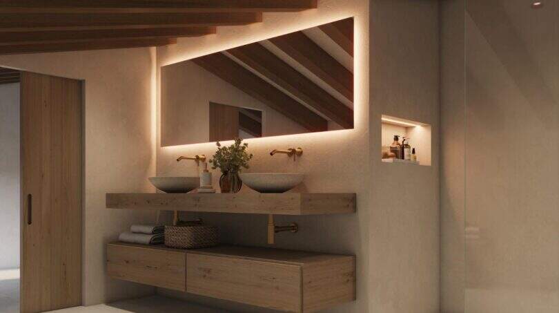 Modernes Badezimmer mit Doppelwaschtisch aus Holz, Beleuchtungsspiegel und Holzbalkendecke im Stadthaus Felanitx