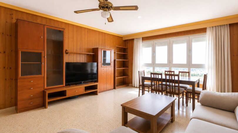Luminosa sala de estar con revestimiento de madera, unidad de TV, mesa de comedor y vistas al mar cerca de la playa en Palma