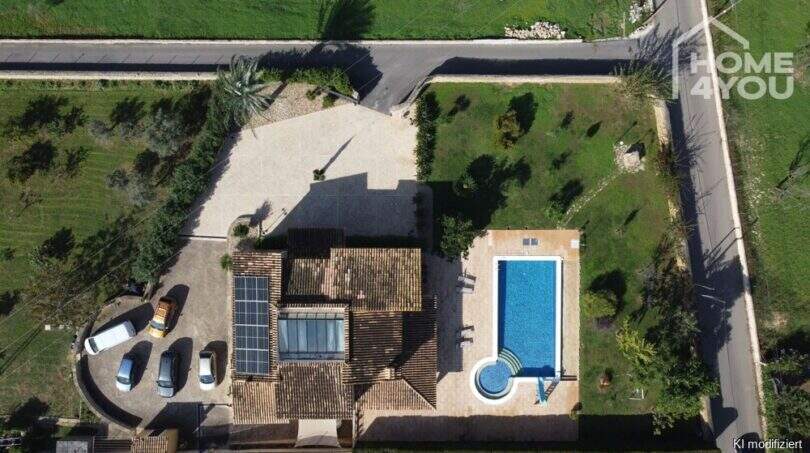 Luftaufnahme der mallorquinischen Villa in Lloseta mit Salzwasserpool, Solarpanelen und großem Grundstück.