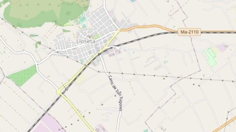 Stadtplan von Lloseta, Mallorca, mit umliegenden Straßen Ma-2110, Ma-2111, Ma-2113 nahe der Tramuntana.