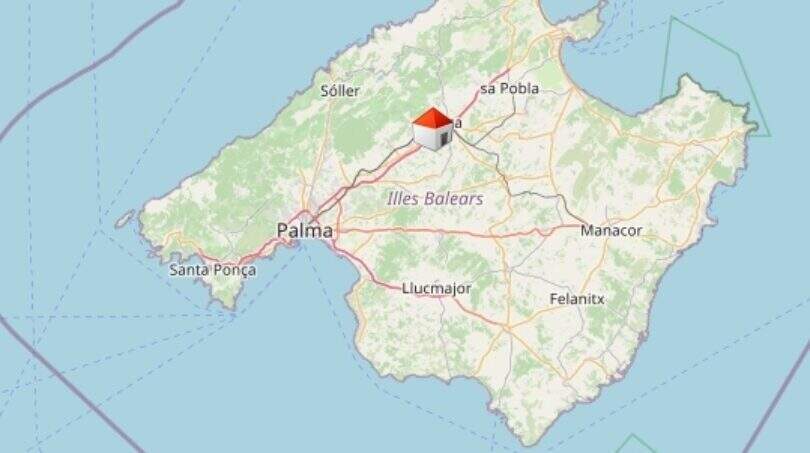 Karte von Mallorca mit markierter Lage der Villa in Lloseta, nahe der Tramuntana-Gebirgsregion.