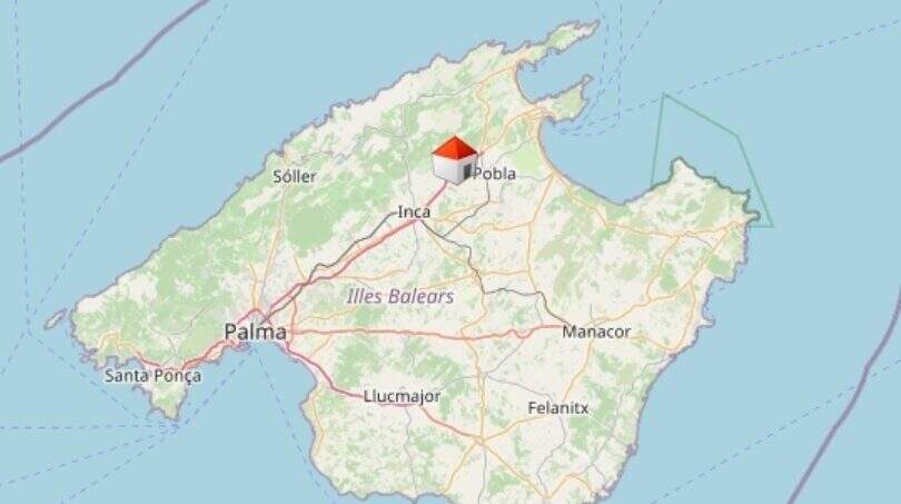 Karte von Mallorca mit Markierung bei Campanet, nördlich von Inca, Lage der Finca auf den Illes Balears.