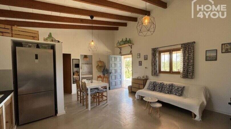 Open living-kitchen area of the finca with wooden beam ceiling, stainless steel refrigerator and blue entrance door