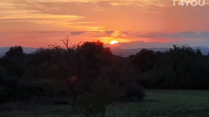 Spectacular sunset over the landscape near Felanitx with mountain panorama, view from the finca terrace.