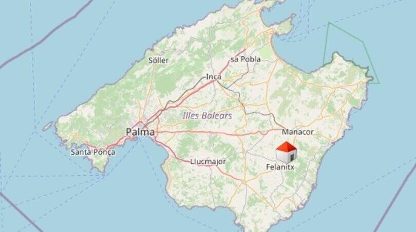 Map of Mallorca with marked location of finca near Felanitx in the southeastern interior of the island.
