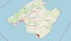 Mapa de Mallorca con marcación en Ses Salines, cerca de Parque Nacional de l'Arxipèlag de Cabrera, costa sur.