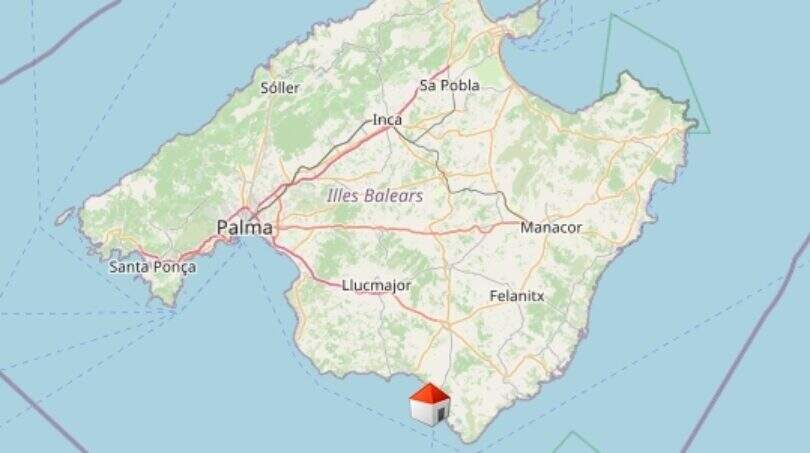 Mapa de Mallorca con marcación en Ses Salines, cerca de Parque Nacional de l'Arxipèlag de Cabrera, costa sur.