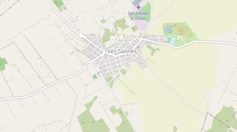 Stadtplan von Ses Salines mit markiertem Standort des 391m² Baugrundstücks im Ortszentrum.