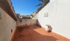 Dachterrasse mit roten Terrakottafliesen, Blick auf Palme und Nachbardächer in Petra, Mallorca.