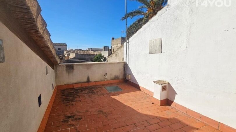 Dachterrasse mit roten Terrakottafliesen, Blick auf Palme und Nachbardächer in Petra, Mallorca.