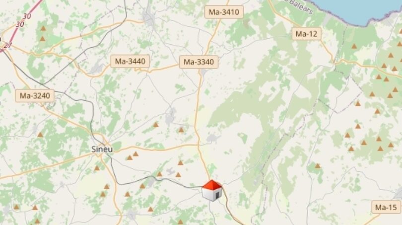 Lagekarte Stadthaus Petra, Mallorca, zentrale Lage nahe Sineu, Manacor, mit Straßenanbindung Ma-3340