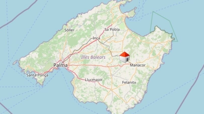 Karte von Mallorca mit Standortmarkierung in Petra, zentral gelegen zwischen Palma und Manacor, Illes Balears.