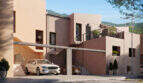 Außenansicht Reihenhaus Esporles: Terrakottafassade, Dachterrasse, überdachter Stellplatz, Tramuntana-Gebirge im Hintergrund