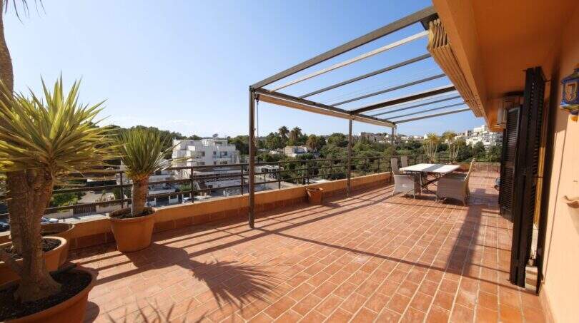 Große Dachterrasse mit Pergola, Terrakottaboden und Palmen, Blick auf Porto Cristo
