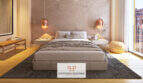 Elegantes Schlafzimmer mit Doppelbett, Kupfer-Pendelleuchten und Balkonzugang im Neubau Cor 39, Palma
