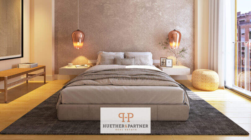 Elegantes Schlafzimmer mit Doppelbett, Kupfer-Pendelleuchten und Balkonzugang im Neubau Cor 39, Palma