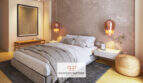Modernes Schlafzimmer im Neubau Cor 39 Palma, Kingsize-Bett, Kupfer-Pendelleuchten, Betonoptik-Wand