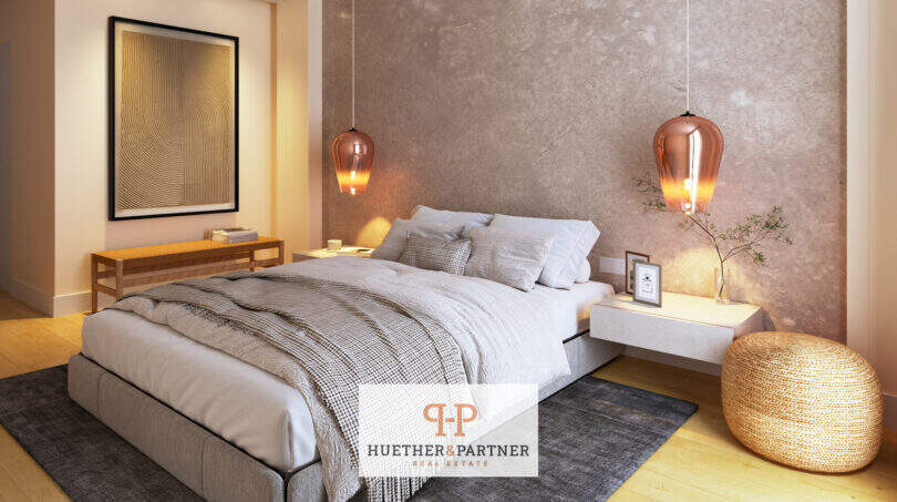 Modernes Schlafzimmer im Neubau Cor 39 Palma, Kingsize-Bett, Kupfer-Pendelleuchten, Betonoptik-Wand
