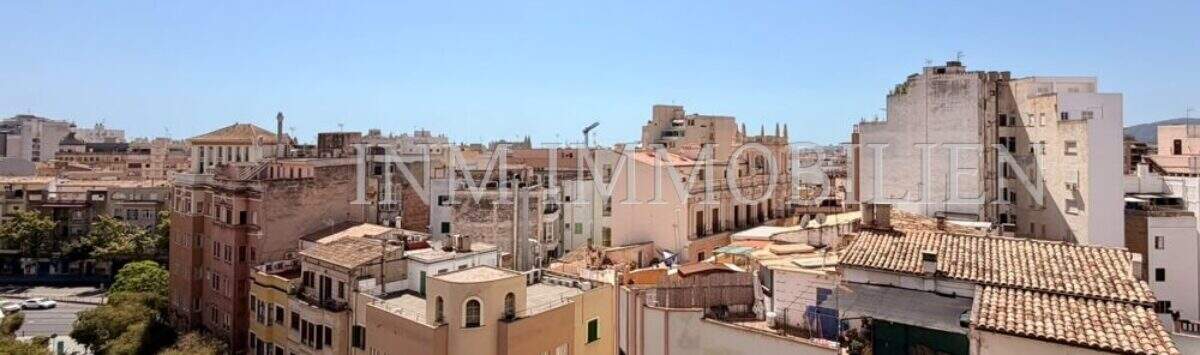 Panoramablick über die Altstadt von Palma de Mallorca mit historischen Gebäuden und Terrakotta-Dächern bei blauem Himmel.