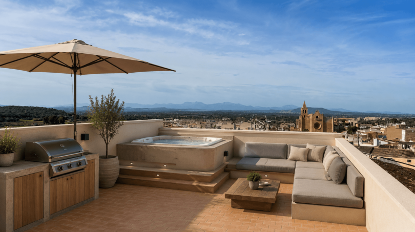Terraza en la azotea con jacuzzi, salón, parrilla y vista panorámica sobre Felanitx y las montañas