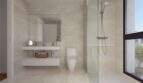 Modernes Chalet-Badezimmer mit Walk-in-Dusche, Wandhänge-Waschtisch und großen Beigefliesen, Neubau Palma de Mallorca