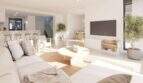 Helles Wohnzimmer eines Neubau-Chalets in Palma mit offener Küche, modernem TV-Bereich und Naturmaterialien.