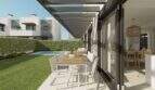 Überdachte Terrasse mit Esstisch, Blick auf Garten und Pool, moderne Neubau-Chalets in Palma de Mallorca