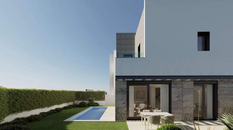 Modernes Neubau-Chalet in Palma mit privatem Pool, Garten und überdachter Terrasse.