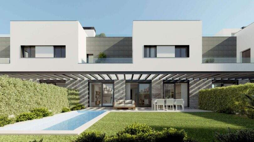 Modernes Neubau-Chalet in Palma mit Pergola, Terrasse, Außenpool und gepflegtem Garten.