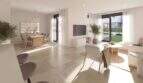 Heller Wohn-Essbereich im Neubau-Chalet Mallorca mit modernem Design, großen Fenstern und Poolblick