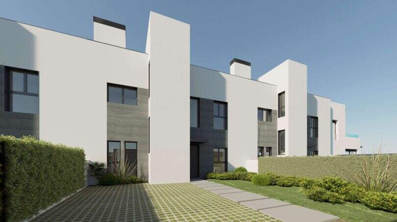 Moderne Neubau-Chalets in Palma mit weißer Fassade, Flachdach und gepflegtem Garten mit Hecken.