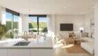 Heller Wohn-Essbereich mit offener Küche, modernem Design und Zugang zum Garten im Neubau-Chalet Palma