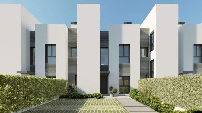 Moderne Neubau-Chalets in Palma, weiße Fassade, dunkle Akzente, gepflegter Garten, 3 Etagen, Mallorca