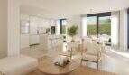 Helles Wohn-Esszimmer mit offener Küche, modernem Design und großen Fenstern zum Garten im Neubau-Chalet Palma
