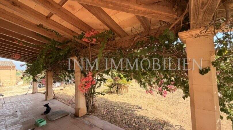 Überdachte Terrasse der Finca Llucmajor mit Holzbalken, Bougainvillea-Bewuchs und Blick in den Garten.