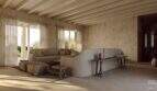 Helles Wohnzimmer der Designer-Villa Santanyí mit Rundsofa, Holzbalkendecke und Natursteinwänden.