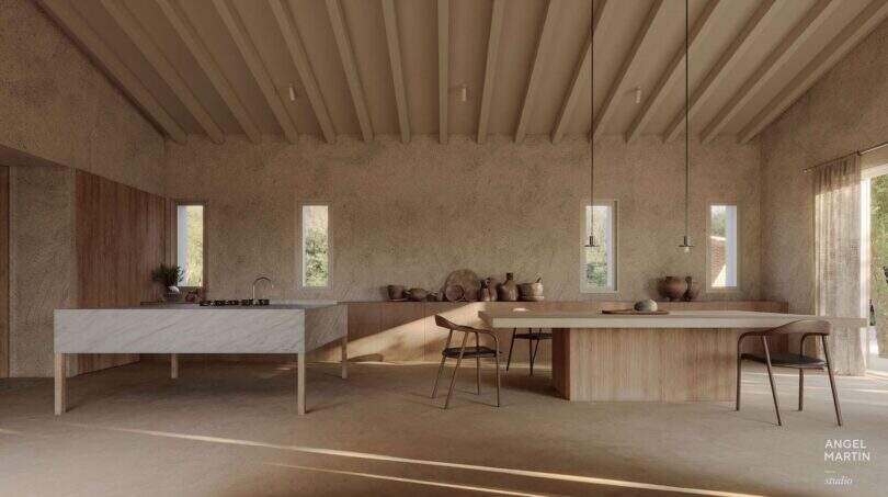 Offene Küche mit Gewölbedecke, Marmorinsel und Holzelementen der Designer-Villa in Santanyí