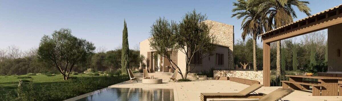 Außenbereich der Designer-Villa Santanyí mit Infinity-Pool, Sonnenliegen, Pergola und mediterranem Garten.