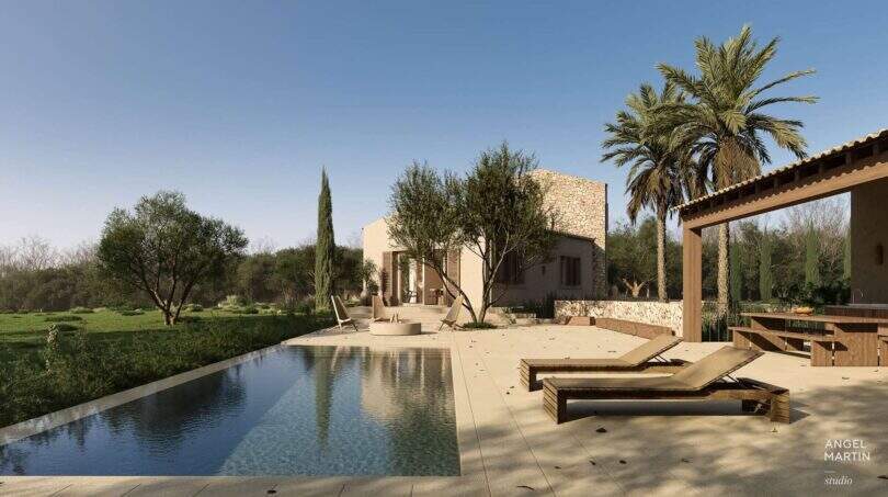 Außenbereich der Designer-Villa Santanyí mit Infinity-Pool, Sonnenliegen, Pergola und mediterranem Garten.
