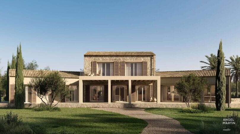 Außenansicht der Designer-Villa in Santanyí mit Natursteinfront, Terrassenbereich und mediterranem Garten.