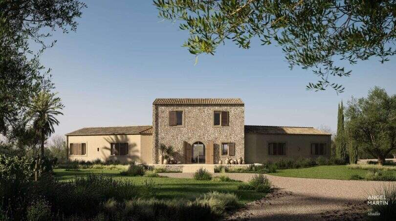 Außenansicht der Designer-Villa in Santanyí mit Natursteinmauern, Terrakottadach und mediterranem Garten.
