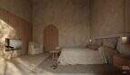 Minimalistisches Schlafzimmer der Designer-Villa Santanyí mit Kamin, Erdtönen und elegantem Rundbogen-Eingang.