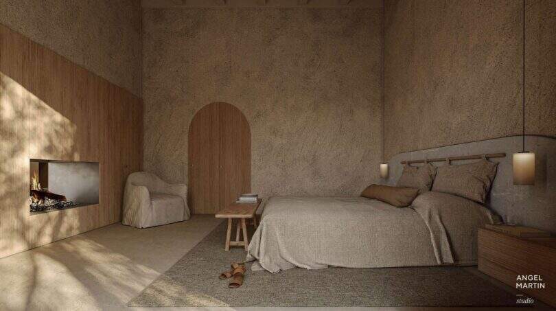 Minimalistisches Schlafzimmer der Designer-Villa Santanyí mit Kamin, Erdtönen und elegantem Rundbogen-Eingang.