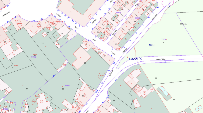 Katasterplan von Felanitx mit Grundstücksparzellen, Straßennetz und SNU-Zonen in Mallorca.
