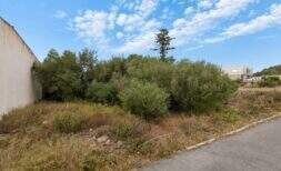 Undeveloped property with shrubs and trees in Felanitx, adjacent to road and neighboring buildings.