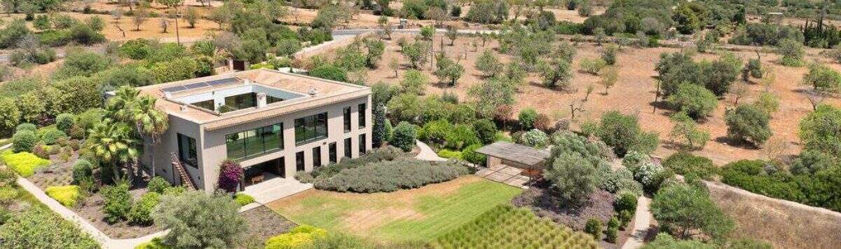 Aerial view modern design house in S'Alqueria Blanca with spacious garden, olive trees and mountain panorama.