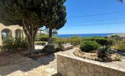 Jardín pavimentado con muro de piedra natural, árbol antiguo y vistas al mar de la villa en Cala Murada