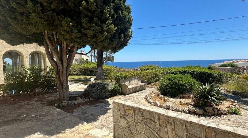Gepflasterter Garten mit Natursteinmauer, altem Baum und Meerblick der Villa in Cala Murada