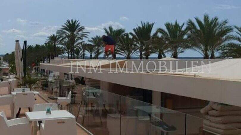 Sonnenterrasse der Bar/Cafeteria an der Playa de Palma mit weißen Möbeln, Glasgeländer und Palmenblick.