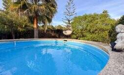 Runder Pool mit Palme, Hängesessel und Buddha-Statue im mediterranen Garten der Wohlfühloase in Cala Murada